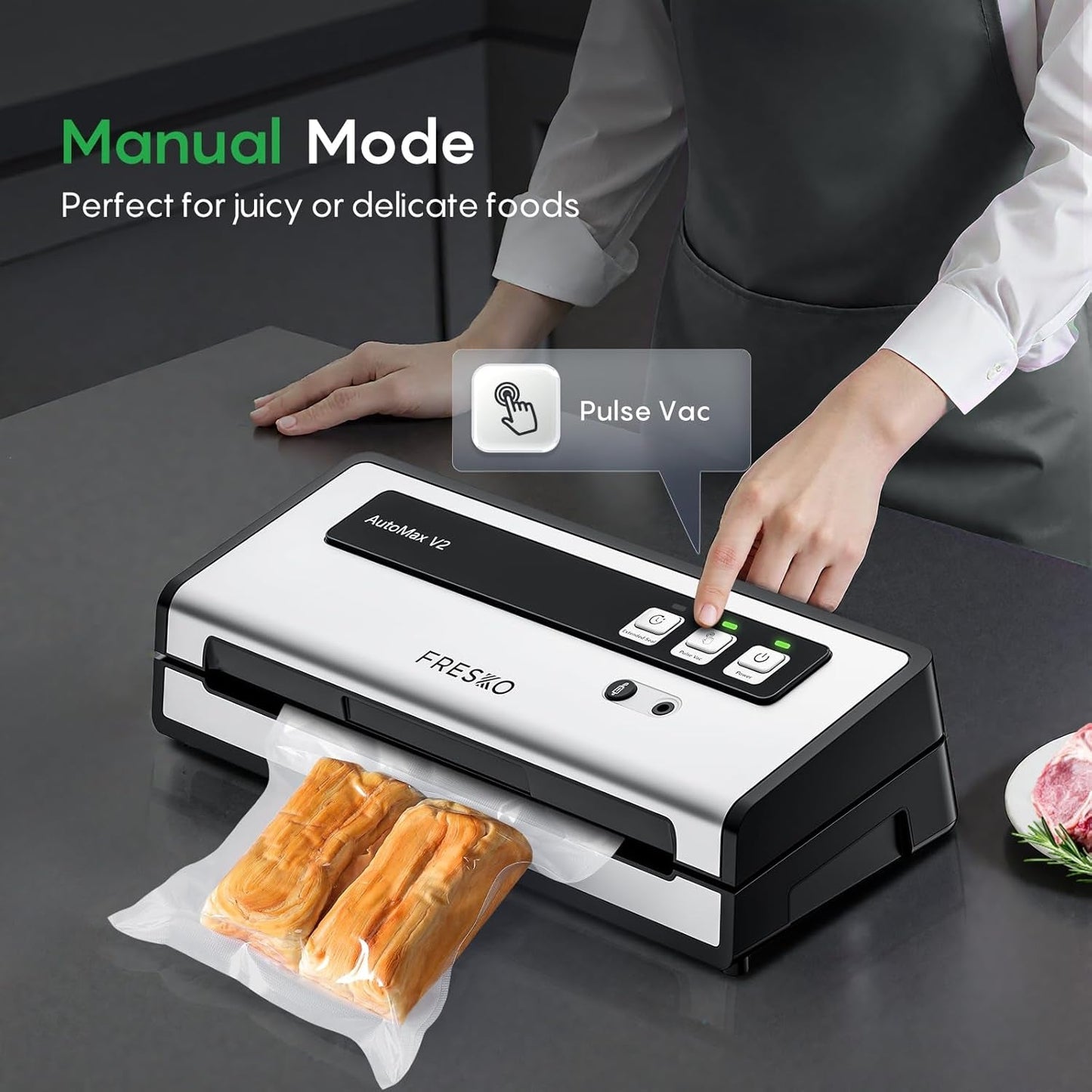 FRESKO Vacuum Sealer Machine with Automatic Bag Detection, 0.2-Inch Widened Heating Strip, Compact Food Sealer, Easy to Use, Starter Kit