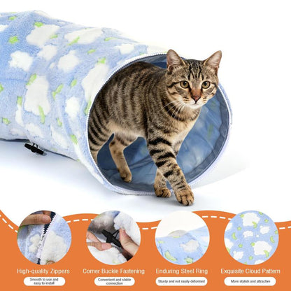 Cat Tunnels for Indoor Cats, 35'' Plush Cat Tunnel Bed Christmas Tree Skirt with Playful Ball and Circle Cushion, Foldable Peekaboo Cave, Interactive Toy
