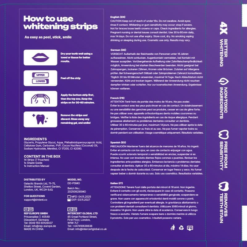 DRDENT Purple Teeth Whitening Strips - 21 Sessions for a Bright Smile - Enamel Safe & Non-Sensitive Formula - Peroxide-Free Whitening Solution