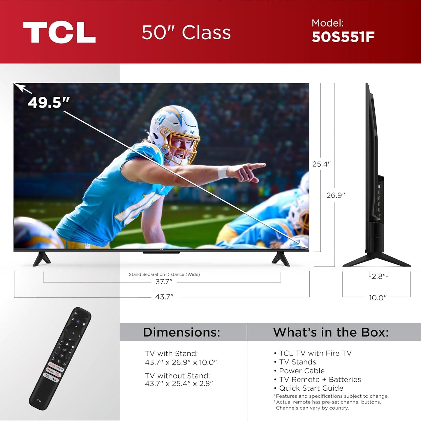 TCL 50-Inch Class S5 UHD 4K LED Smart TV with Fire TV (50S551F, 2024 Model), Dolby Vision, HDR PRO+, Dolby Atmos, Alexa Built-In with Voice Remote, Apple Airplay 2 Compatibility, Streaming Television