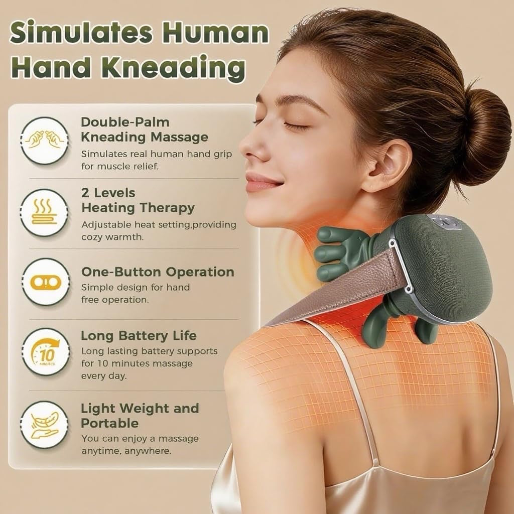 Neck Massager with Heat - Deep Tissue Shiatsu Electric Neck and Shoulder Massager with Fingers, 4D Kneading Design for Foot Back Body, Cordless Masajeador De Espalda Y Cuello, Portable for Travel