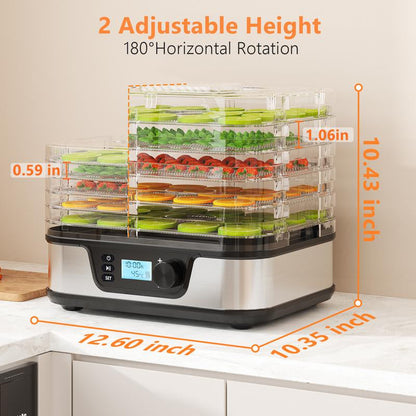 COWSAR Fruit and Vegetable Dryer, Stainless Steel Dehydrater for Fruit Herb Food Meat - 5 Compartments Fruit Vegetable Dryer,With Convection 72 Hours Timer LCD Screen