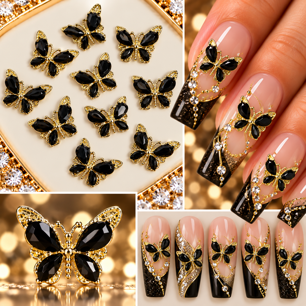 Queen - Nail Charms 10pc - #026 Gold Black Crystal Butterflies