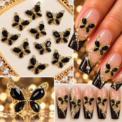 Queen - Nail Charms 10pc - #026 Gold Black Crystal Butterflies