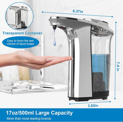 PZOTRUF Automatic Soap Dispenser, Touchless Dish Soap Dispenser 17Oz/500Ml with Infrared Sensor, 5 Adjustable Soap Dispensing Levels, Liquid Hand Dispenser for Bathroom Kitchen Sink (Silver)