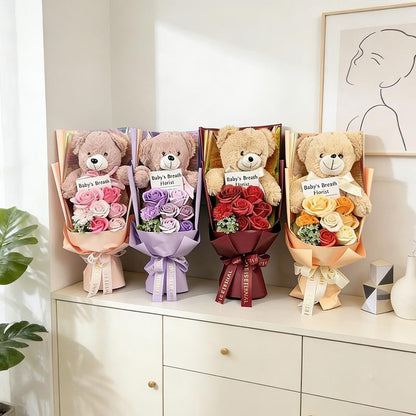 Preserved Rose Bouquet Flowers with Teddy Bear - Celebration, Anniversary, Birthday, Flower Arrangement, Flower Gift, Everlasting Rose, Flowers, for Women,Gift Mother'S Day, Gift Boxes