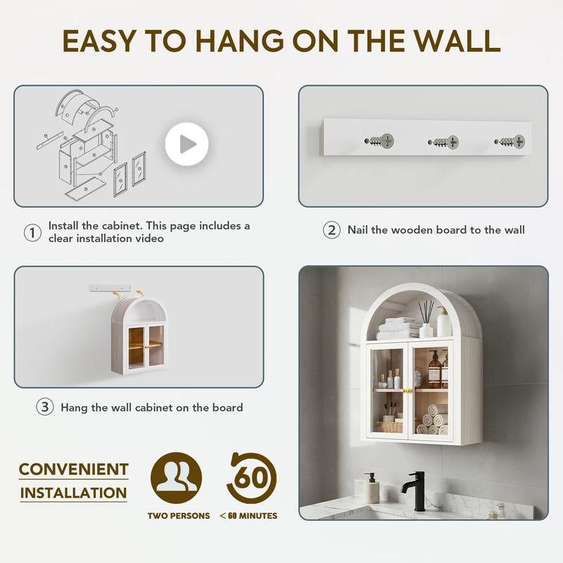 Arched Wall Mounted Medicine Cabinets with Tempered Glass Doors,Bathroom Cabinet with Adjustable Shelf for Kitchen,Living Room