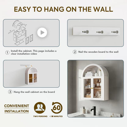 Arched Wall Mounted Medicine Cabinets with Tempered Glass Doors,Bathroom Cabinet with Adjustable Shelf for Kitchen,Living Room