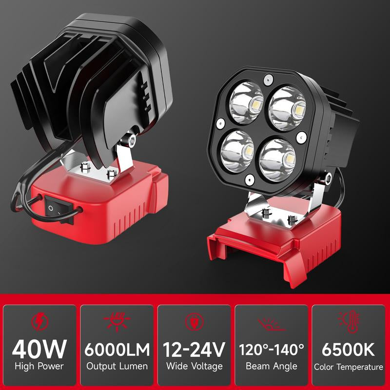 Azocek 18V Cordless LED Work Light – 40W 6000LM Milwaukee Battery Compatible, Adjustable Floodlight for Camping, Construction, Auto Repair & Outdoor Use