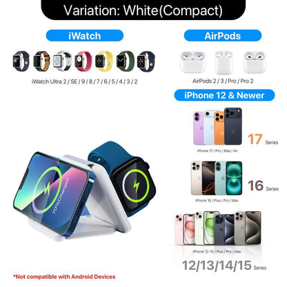 UNIQNOVA 3In1 Wireless Fast Charging Station for Iphone 17/16/15/14/13/12 Series, Airpods 3/2/Pro, Iwatch - Mag-Safe Metallic Foldable Charger Stand