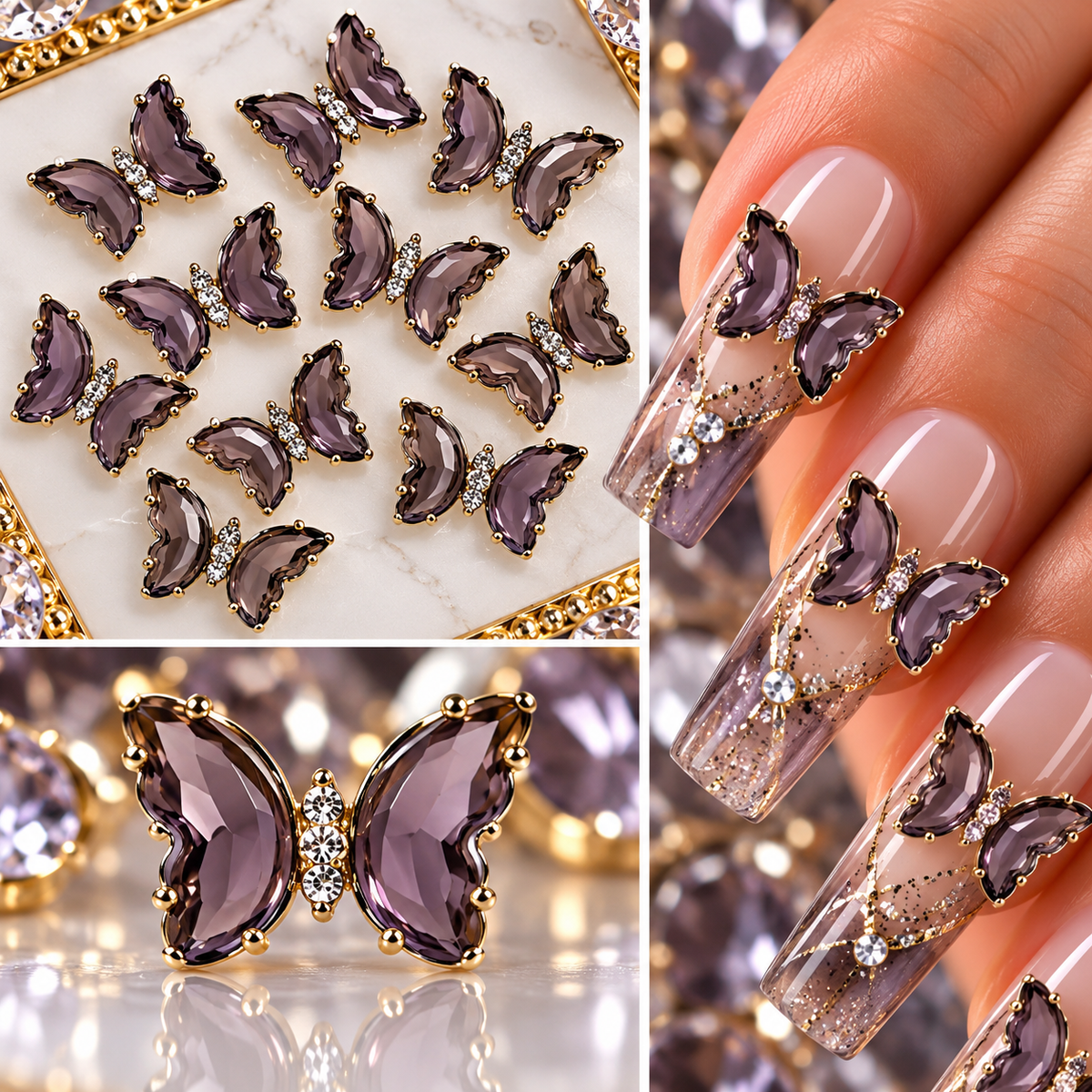 Queen - Nail Charms 10pc - #334 Gold Dark Purple Butterflies
