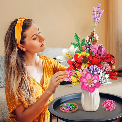 PLAXSOON 1461PCS Flower Bouquet Building Blocks, 18 Flowers & Fruit Ornaments, Everlasting Home Decor, Valentine Birthday Gift for Adults Women Kids 8+