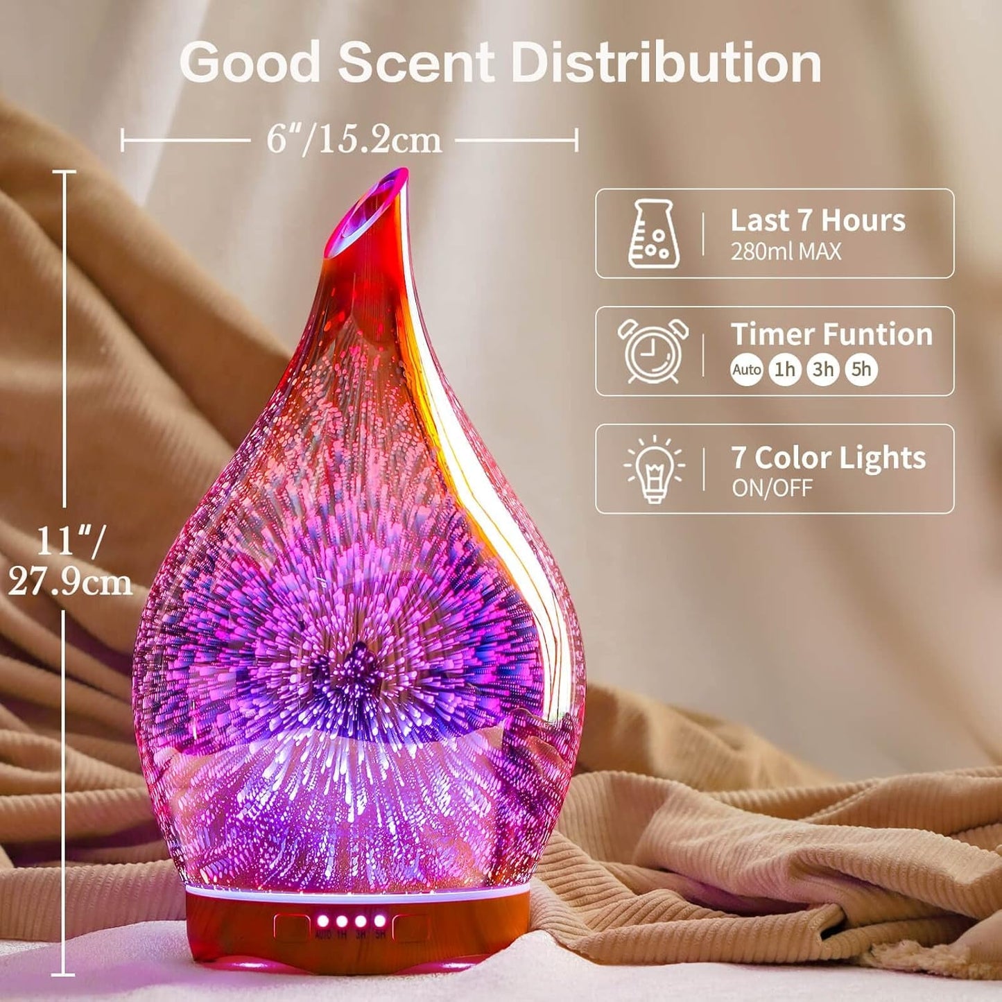 Porseme 280Ml Essential Oil Diffuser 3D Hand-Blown Glass Aroma Diffusor, Aromatherapy Unltrasonic Cool Mist Deffuser, 7 Color Changing Humidifier, Waterless Shut-Off, Timer Function for Home Office