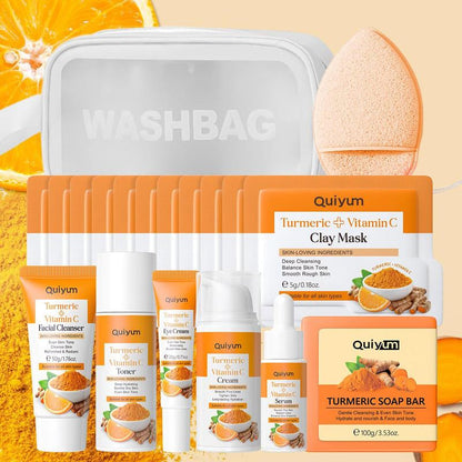 Hydrating Turmeric Skin Care Moisture Set, 1 Set Facial Cleanser & Toner & Serum & Eye Cream & Face Moisturizer & Soap & Makeup Bag & 12Pcs Mud Mask, Moisturizing Skin Care Kit for Women, Hydrate Skin Care Products, Glow Kit, Skin Care Sets
