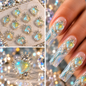 Queen - Nail Charms 10pc - #173 Silver Teal Iridescent Small Hearts with Crown