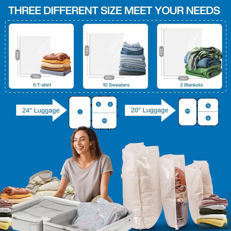 【2026 Upgraded】X7 Cordless Travel Vacuum Storage Compression Bag Set with Rechargeable Air Pump 9/15 Pack Waterproof & Reusable Compression Packing Bags for 2 Size,140L/Min Powerful Air Removal，Perfect for Carry-On Suitcases,