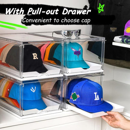 [Video Only] Vtopmart Hat Organizer for Baseball Caps,Clothing with Clear Holder Box, Large Cap Storage with Sliding Tray, Stackable Rack Display Case & Magnetic Door