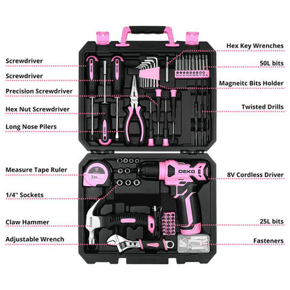 DEKOPRO 126-Piece Pink Household Tool Set with 8V Cordless Drill, Rechargeable Battery, All-In-One Compact Tools Kit, Perfect Christmas Gift, Ideal for Home Repairs & DIY Projects