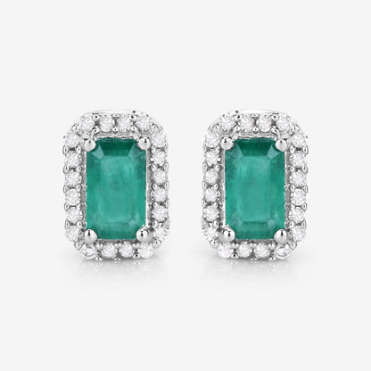 0.91 Carat Genuine Zambian Emerald and White Diamond 14K White Gold Earrings