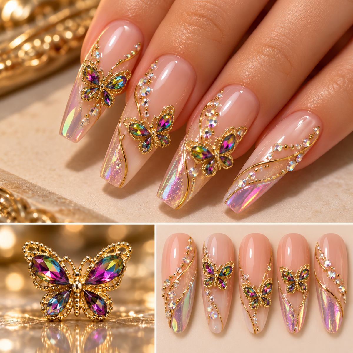 Queen - Nail Charms 10pc - #035 Gold Dark Iridescent Crystal Butterflies