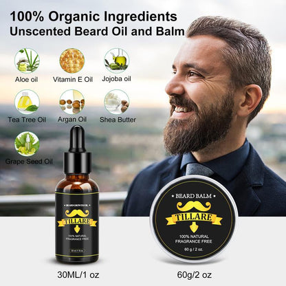 Beard Growth Kit - TILLARE Beard Grooming Kit with Beard Growth Oil, Balm, Comb, Massager, Christmas & Birthday Gifts for Men Husband Dad Boyfriend