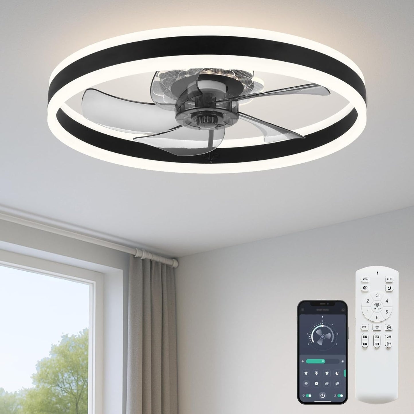 20‘’ Ceiling Fan with Light, Upgraded Low Profile Fan, Flush Mount Ceiling Fan, 6 Speeds, Dimmable LED, App & Remote Control, Quiet DC Motor, for Bedroom, Living Room, F115 White
