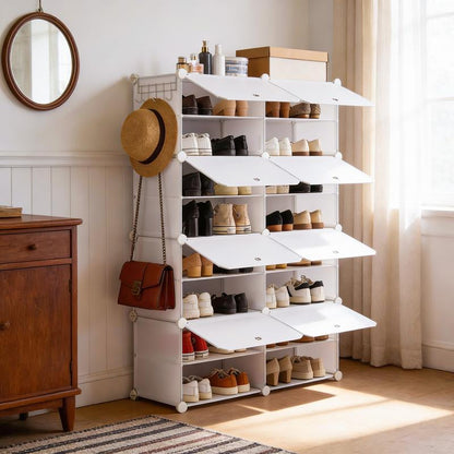 【NEW YEAR Deal】6/8-Tier Shoe Cabinet, 24/32-Tier Capacity, with Side Hooks, Sturdy Metal Frame, and Black and White Plastic Panel Shelves. Suitable for Entryways, Living Rooms, and Walk-In Closets