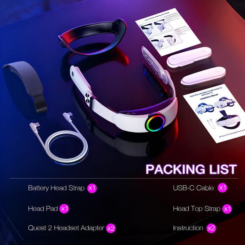 Hurra 10000Mah Head Strap with Battery Compatible with Meta/Oculus Quest 2/3/3S, 20W Fast Rechargeable Elite Strap Extend 6-8H Playtime, RGB Battery Pack VR Head Strap Accessories
