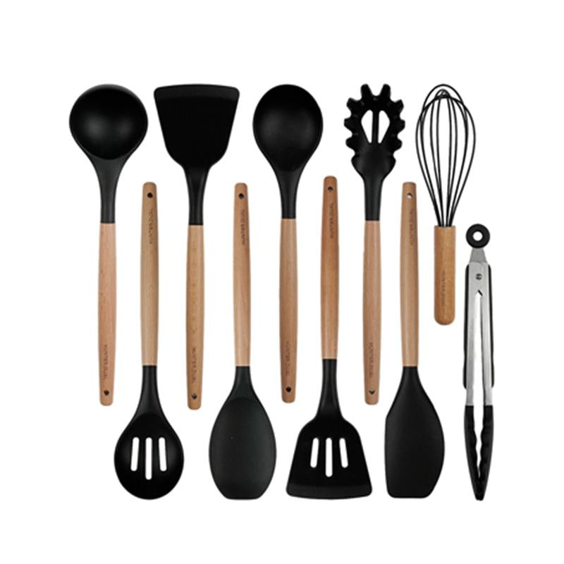 Silicone Cooking Utensils Set 10 Pcs - BPA Free Kitchen Utensil Set with Heat-Resistant Wood Handles, Non-Scratch Spatula Set Safe for Nonstick Cookware (Black)