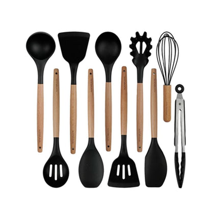 Silicone Cooking Utensils Set 10 Pcs - BPA Free Kitchen Utensil Set with Heat-Resistant Wood Handles, Non-Scratch Spatula Set Safe for Nonstick Cookware (Black)