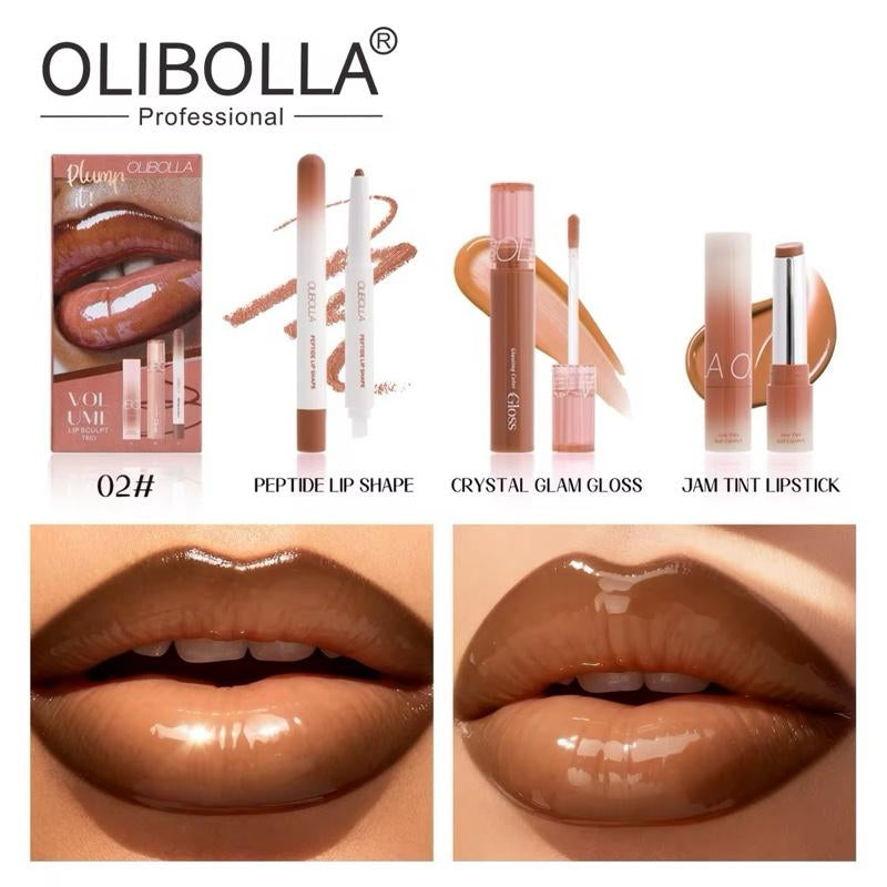 OLIBOLLA Volume Lip Sculpt Trio Set Lip Liner Lipstick Lip Glaze 3-In-1 Easy Color Gift Box for Flawless Glossy Lips