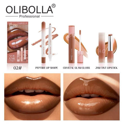 OLIBOLLA Volume Lip Sculpt Trio Set Lip Liner Lipstick Lip Glaze 3-In-1 Easy Color Gift Box for Flawless Glossy Lips
