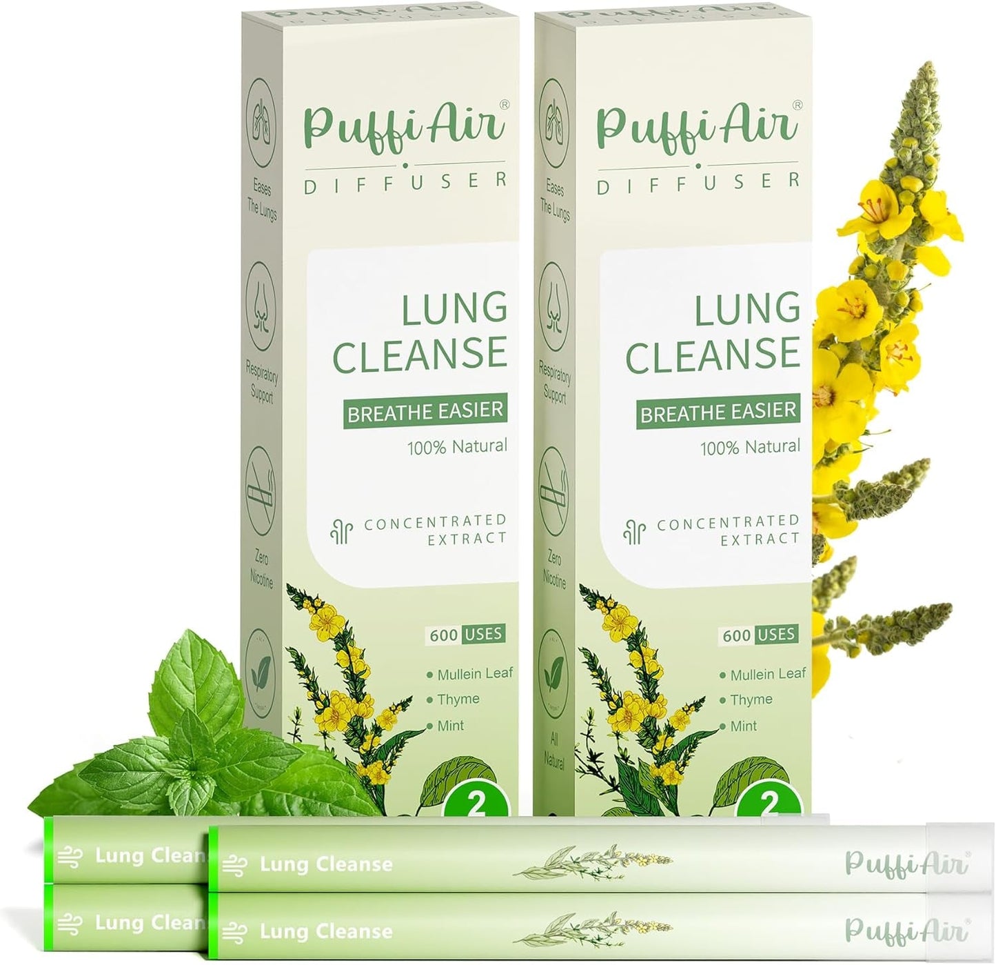 Herbal Diffuser Pen, Detox Diffuser with Mullein, Thyme & Mint for Better Breathing, All Natural Swap - up to 600 Uses (Varies by Usage), 2 Diffusers, 1 Pack