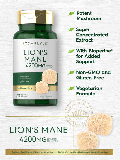 Lions Mane Supplement Capsules | 4200Mg | 60 Count | Vegetarian, Non-Gmo & Gluten Free | by Carlyle