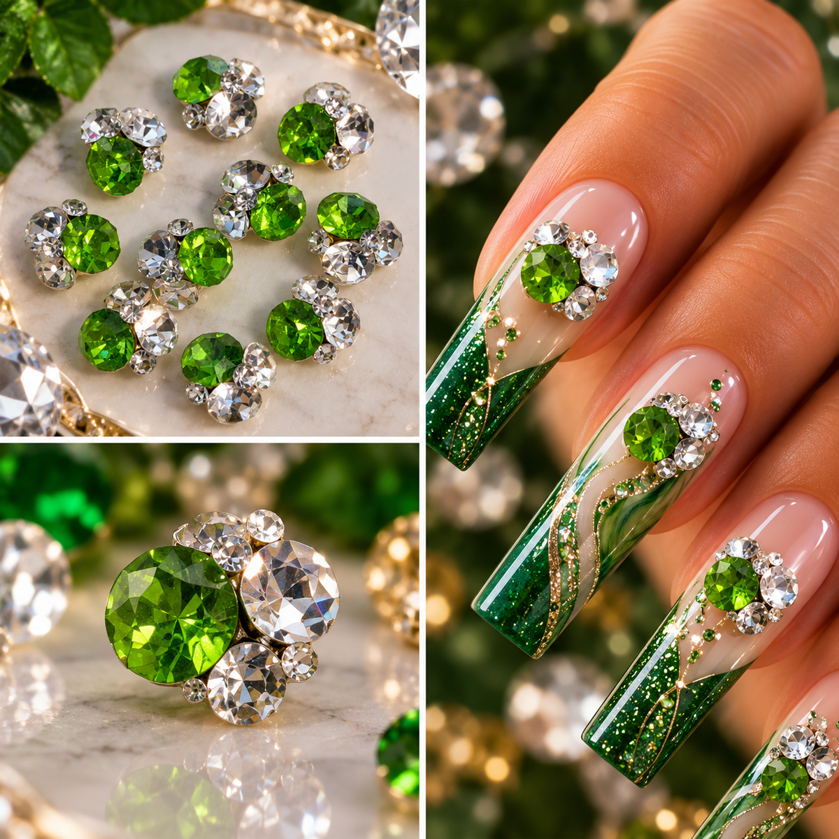 Queen - Nail Charms 10pc - #102 Gold Green & White Crystal Clusters