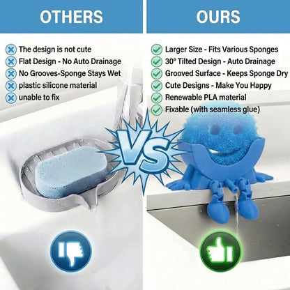 Creative Hanging Sponge Holder with Drainage/Traceless Glue, 3D Printing Countertop Funny Sponge Holders for Kitchen Sink, Keeps Your Sponge Dry & Smiling, for Scrub Daddy Holder (1, Blue)