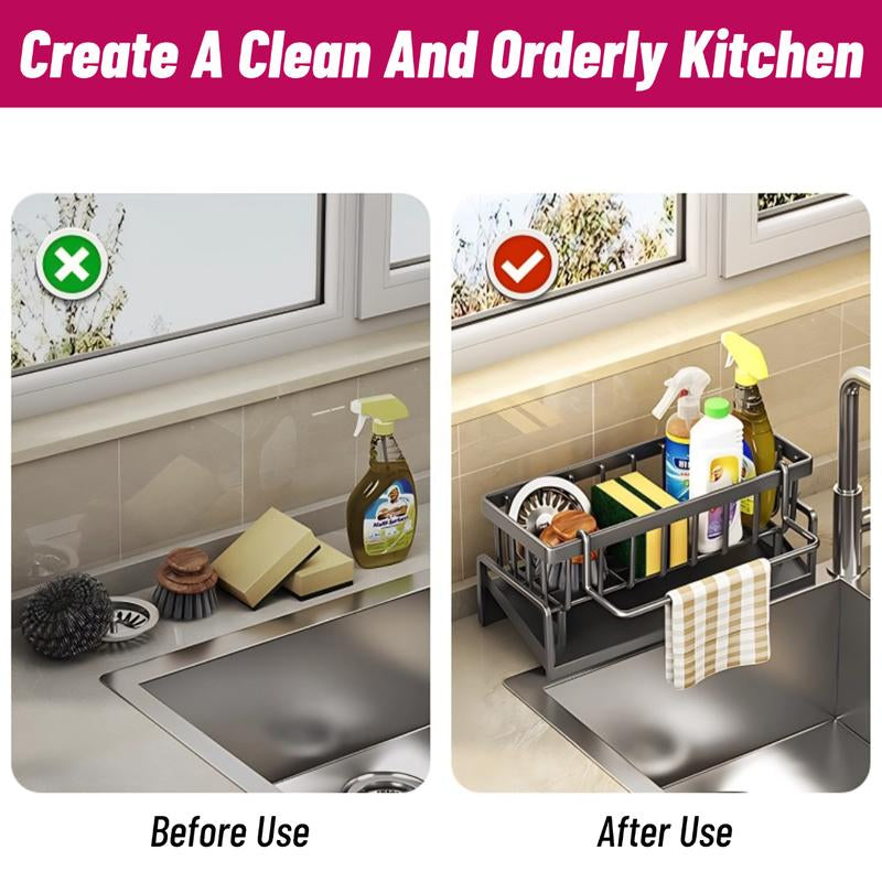 Sponge Holder for Kitchen Sink, Sink Caddy with High Brush Holder, Stainless Steel Dish Sponge with Divider, Dish Soap Dispenser Storage Organizer Racks