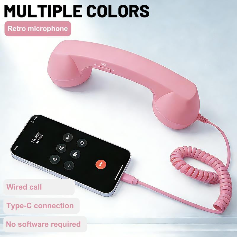 Novelty Retro Handset for Phones – Fun Gift for Parents, Teens & Offices, Easy Plug-In Type-C, Clear Calls, Tangle-Free 3Ft Cable