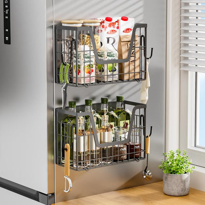 【Holiday Deals】San Dream Magnetic Shelf for Fridge Spice Rack Organizer Magnetic Fruit Basket for Refrigerator Laundry Organizer Spice Snacks Magnet Fridge Shelf-1Pc&2Pcs