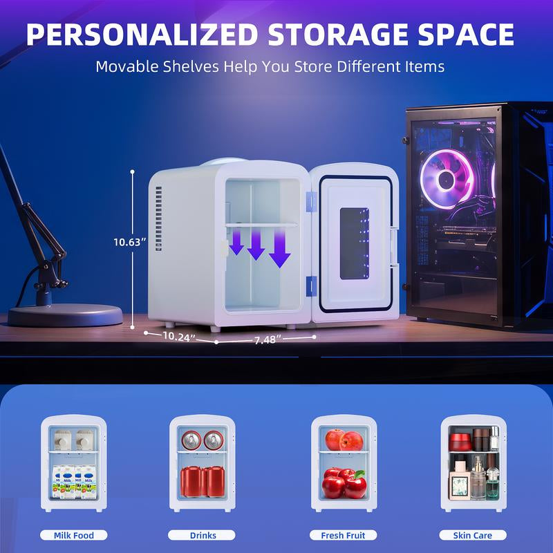 Antarctic Star 4L Mini Compact Refrigerator with Gaming Light: 6-Can Portable Cooler for Bedroom, Car, Office, Dorm - Cosmetics, Beverage & Food Storage (Black)
