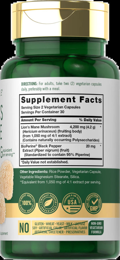 Lions Mane Supplement Capsules | 4200Mg | 60 Count | Vegetarian, Non-Gmo & Gluten Free | by Carlyle