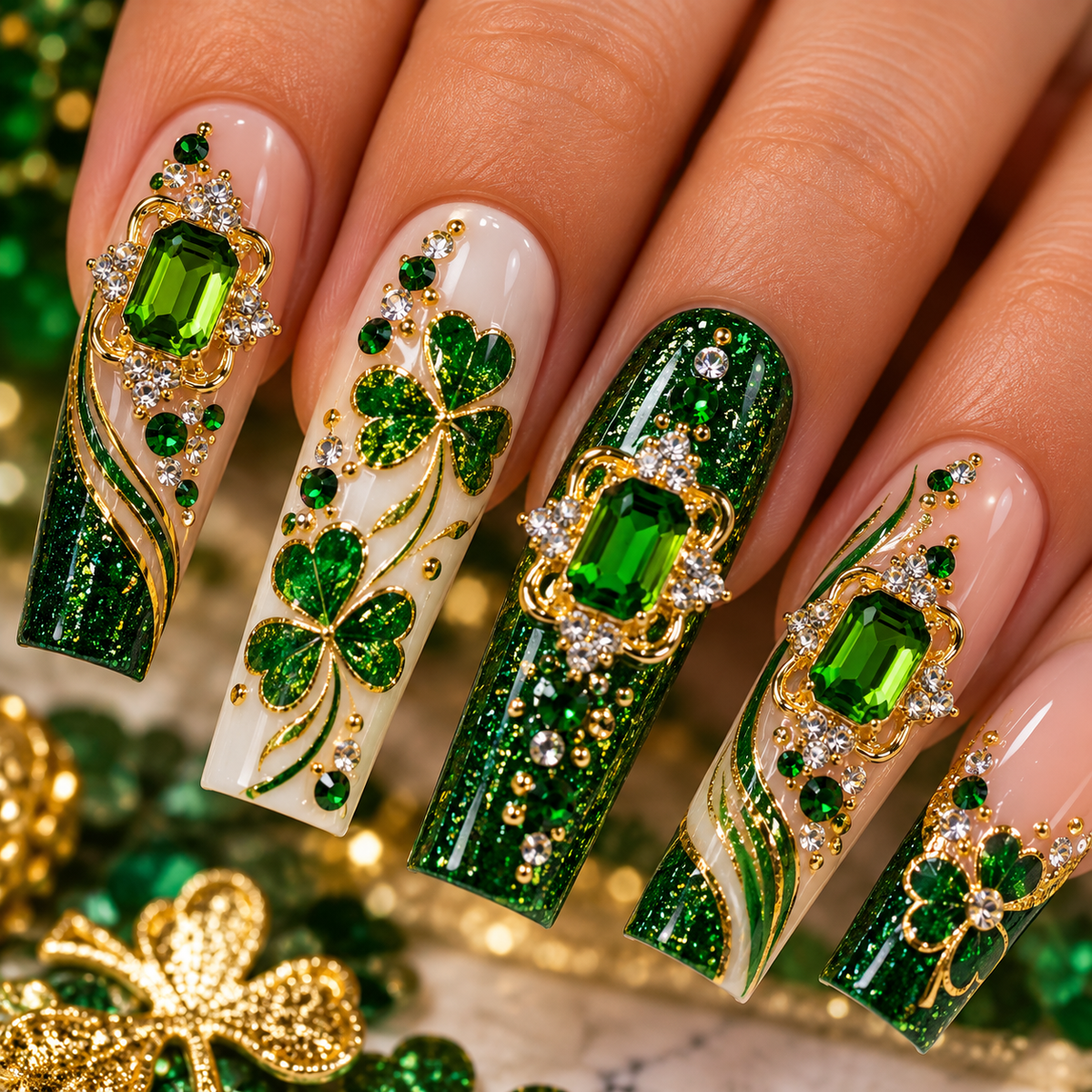 Queen - Nail Charms 10pc - #177 Gold Square Emeralds with Arrow Crystals