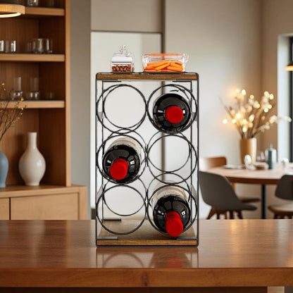 SUOERNUO Wood Countertop Wine Rack No Assembly Needed 6-Bottle Capacity Black & Rustic Brown Metal & Wood Construction Rust-Resistant Powder Coating Freestanding Storage Solution