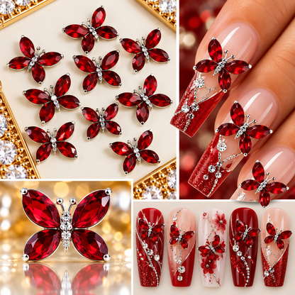 Queen - Nail Charms 10pc - #313 Silver Red Crystal Winged Butterflies