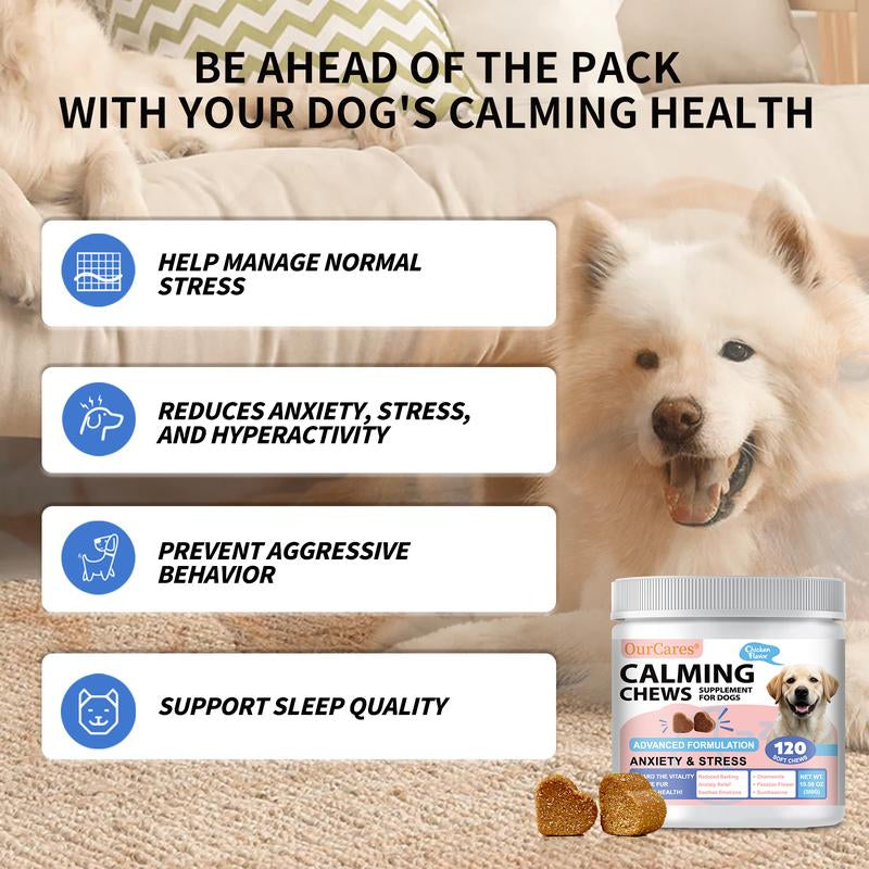 Ourcares Calming Chews for Dogs | 120 Soft Chews, Chicken Flavorrelieves Separation Anxiety, Reduces Stress & Destructive Behavior, Aids Sleep & Training