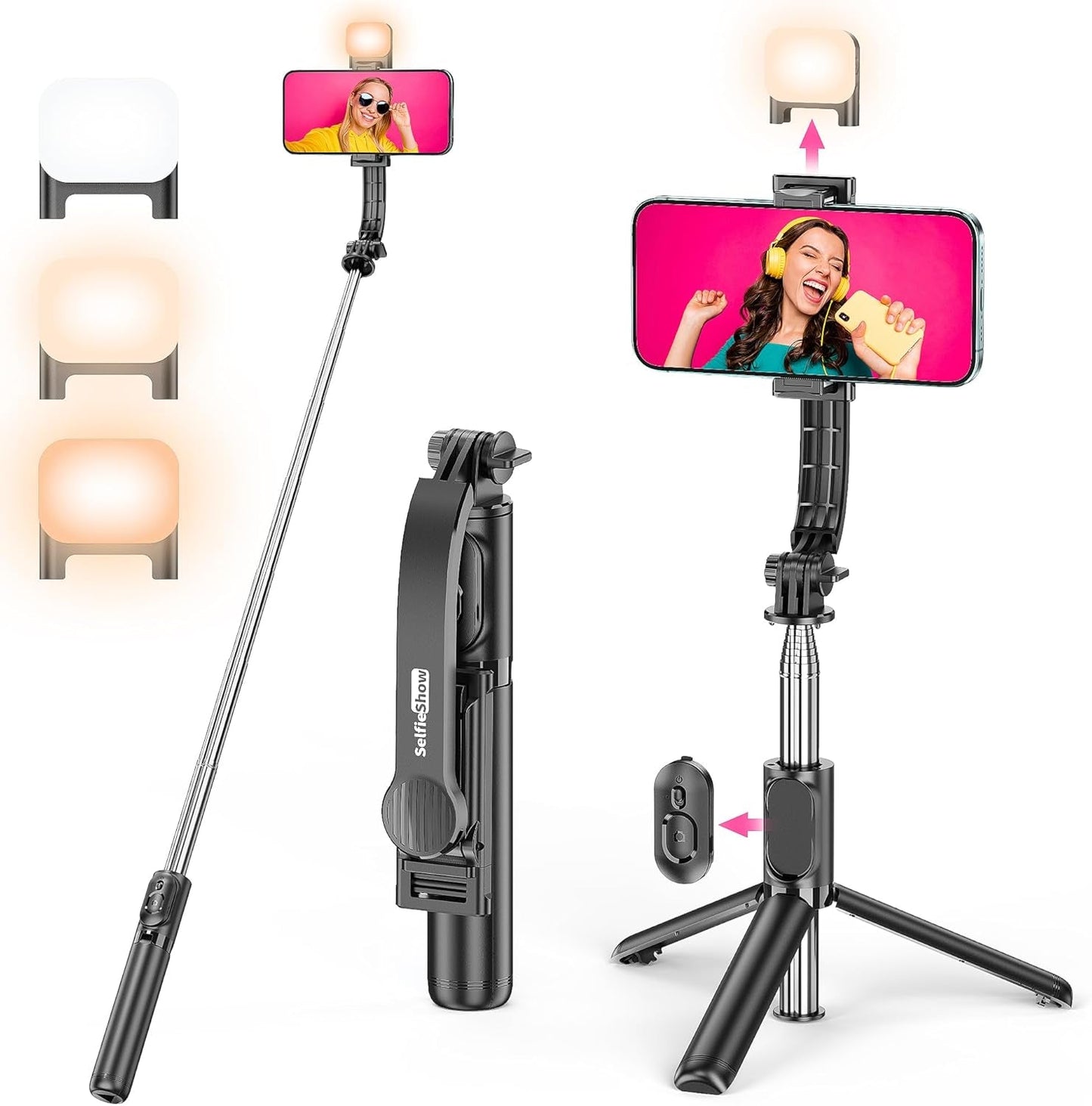 Selfieshow Selfie Stick, Extendable Selfie Stick Tripod with Wireless Remote and Tripod Stand, Portable, Lightweight, Compatible with Iphone 15 14 13 12 Pro Xs Max X 8Plus, Samsung Smartphone and More