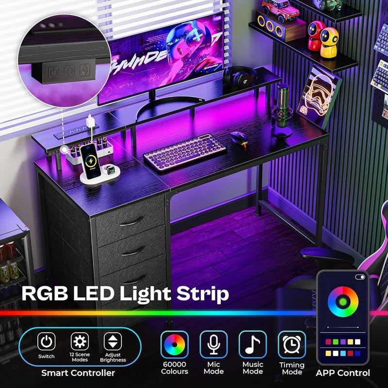 Computer Desk with Power Outlets and LED Lights, Gaming Desk with 4 Drawers, Office Desk with Monitor Stand, Study Work Home Office, Small Spaces, Black
