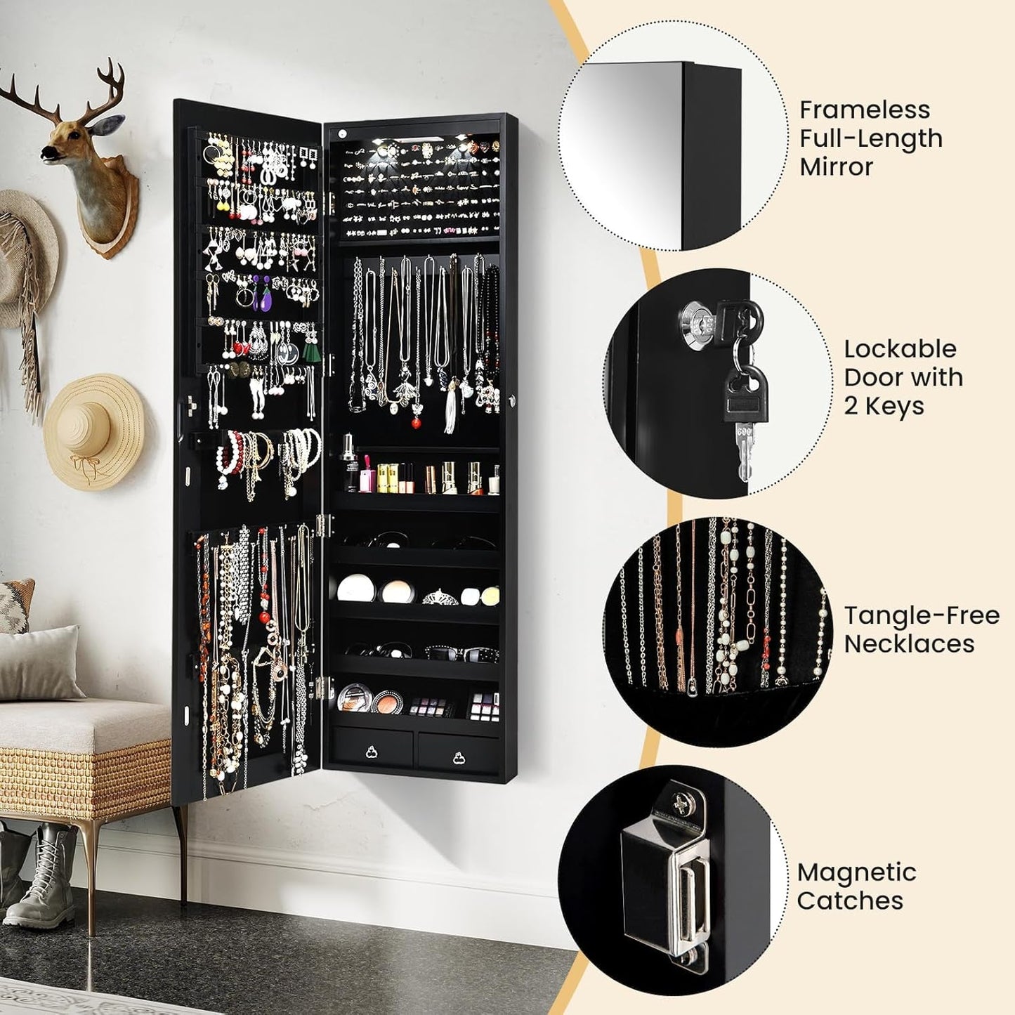 Wall Door Mounted Jewelry Armoire Cabinet with 47.5" H Full Length Mirror, 2 Leds Lockable Jewelry Organizer Box with Bracelet Rod, 2 Drawers, Large Storage Capacity (Black)