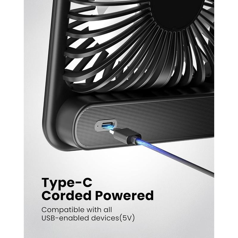 USB Desk Fan, Strong Wind Ultra Quiet Small Personal Fan with 180° Tilt Folding and 3 Speeds Adjustable, USB-C Corded Powered Mini USB Fan for Office Desktop Bedroom