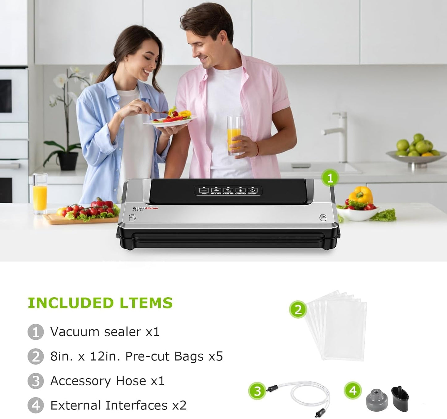 Bonsenkitchen Vacuum Sealer Machine | Compact Food Sealer for Kitchen Storage & Meal Prep | Multiple Modes | External Vacuum System | 5 Bags, Silver